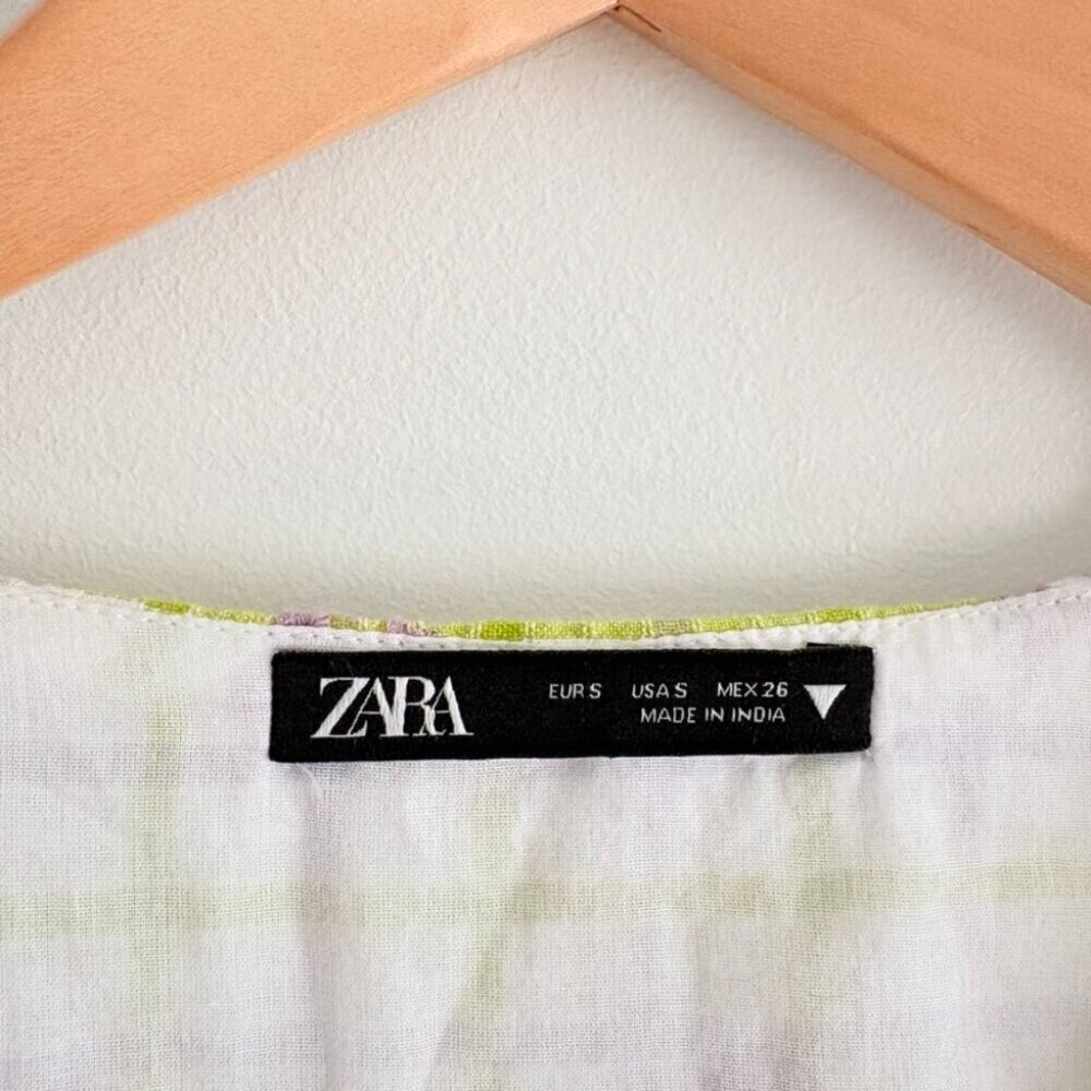 Zara Draped Checkered Mini Dress White Green Purple Size Small - Picture 5 of 7